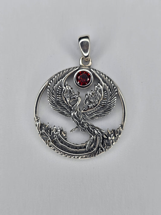 Phoenix Rising pendant in 925 sterling silver with natural red garnet