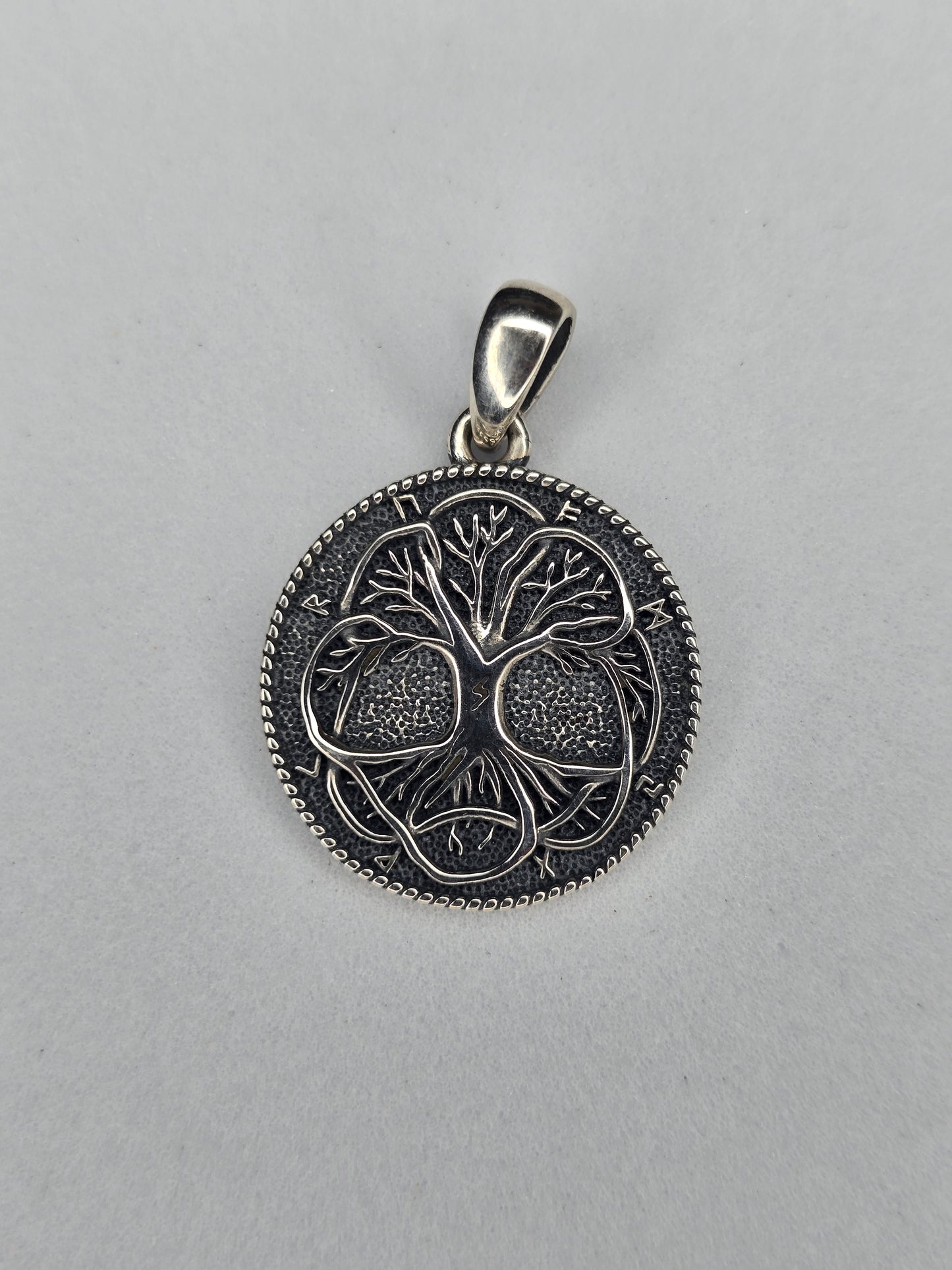 Tree of Life Yggdrasil pendant in solid 925 sterling silver with Norse rune border