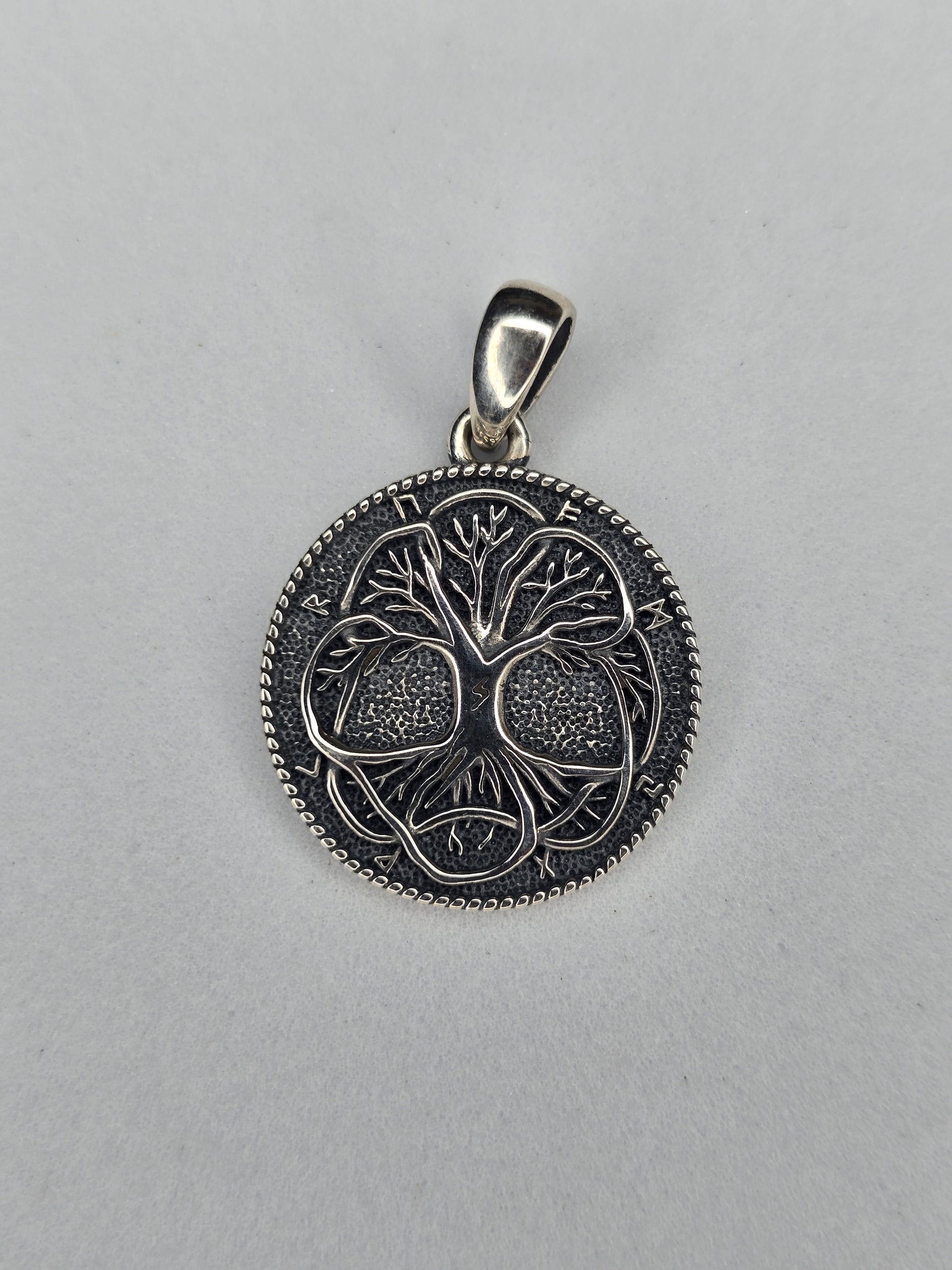 Tree of Life Yggdrasil pendant in solid 925 sterling silver with Norse rune border