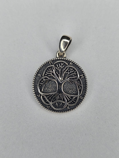 Tree of Life Yggdrasil pendant in solid 925 sterling silver with Norse rune border