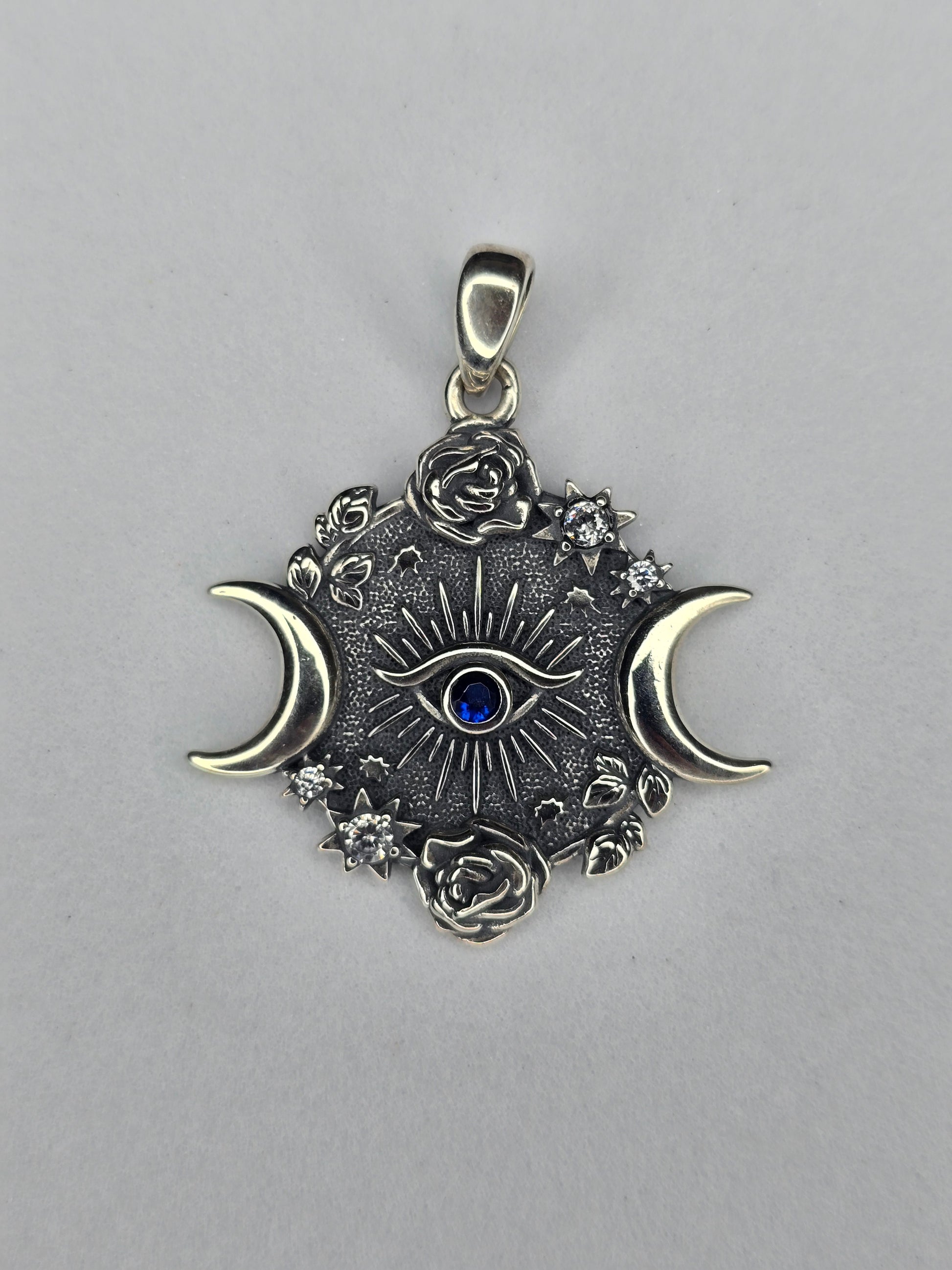 Eye of Horus triple moon goddess pendant in solid 925 sterling silver with lunar and celestial symbols