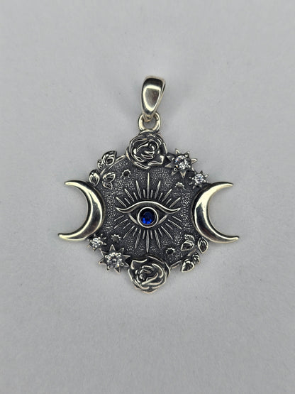 Eye of Horus triple moon goddess pendant in solid 925 sterling silver with lunar and celestial symbols