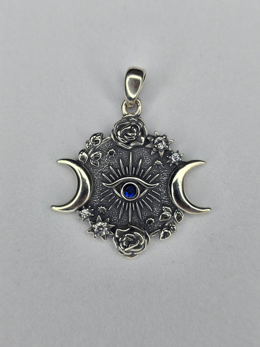 Eye of Horus triple moon goddess pendant in solid 925 sterling silver with lunar and celestial symbols