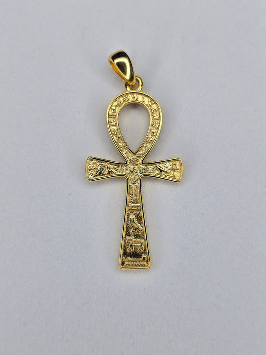 Ankh cross pendant in 925 sterling silver with 18K gold plating and engraved Egyptian symbols