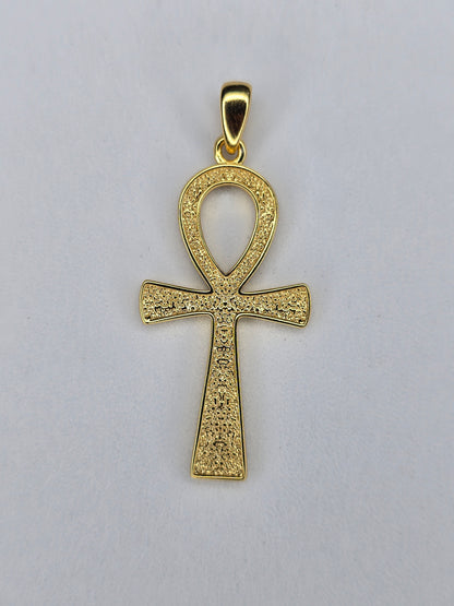 Back view of gold plated Ankh pendant with textured finish in sterling silver