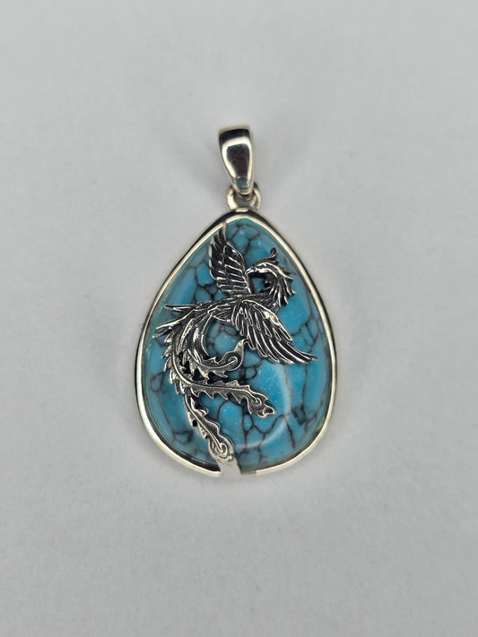 Phoenix rebirth pendant in solid 925 sterling silver with turquoise inlay