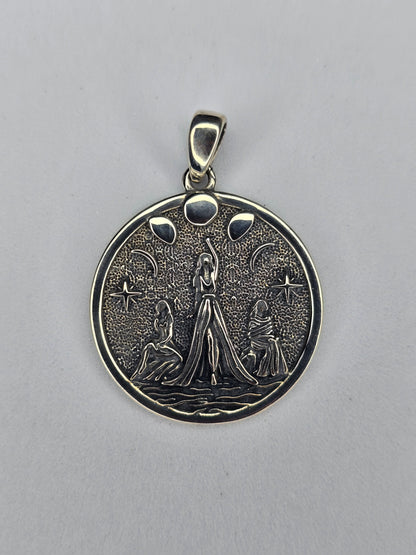 Triple Goddess pendant in solid 925 sterling silver with lunar phases and textured night-sky background