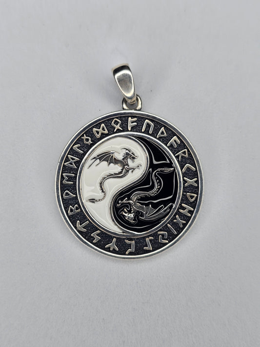 Yin Yang dragon pendant in solid 925 sterling silver with Norse rune circle
