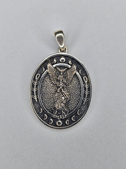 Occult angel pendant in solid 925 sterling silver with winged feminine figure and lunar symbols