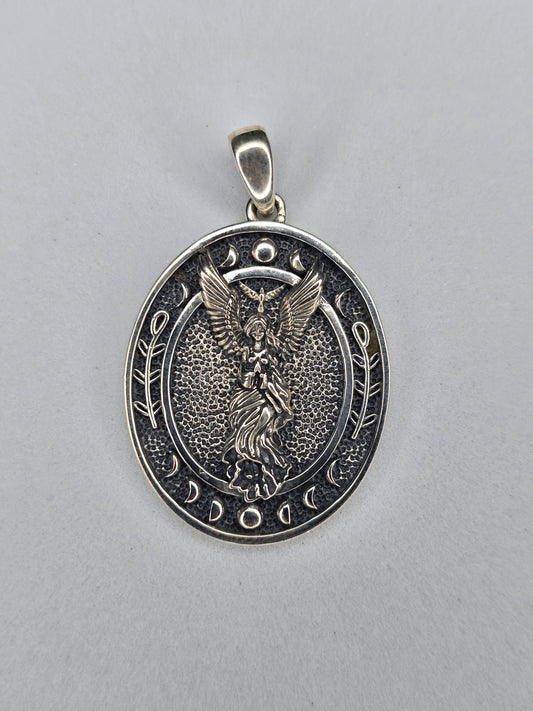 Occult angel pendant in solid 925 sterling silver with winged feminine figure and lunar symbols