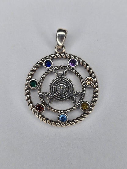 Hecate wheel pendant in solid 925 sterling silver with triple moon symbol and seven chakra stones