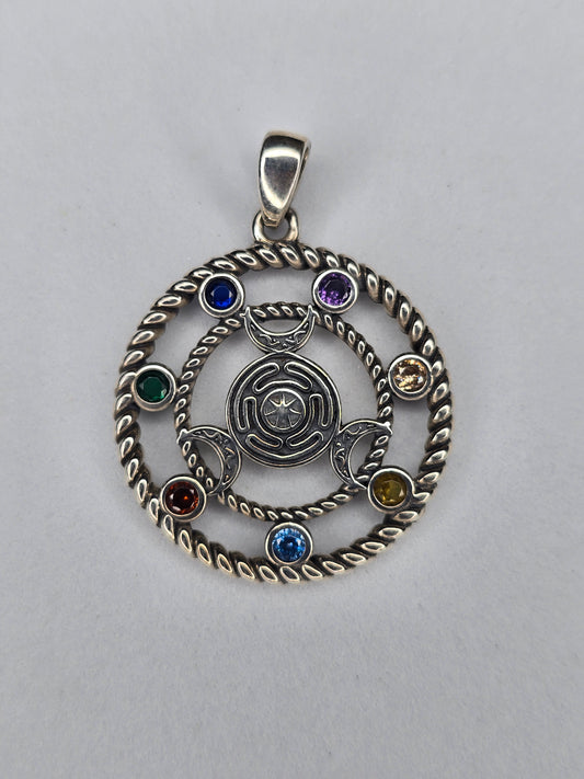 Hecate wheel pendant in solid 925 sterling silver with triple moon symbol and seven chakra stones