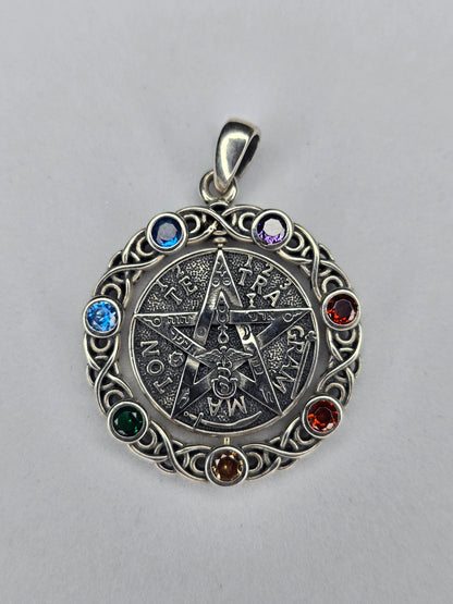 Rotatable pentagram pendant in 925 sterling silver with seven chakra stones