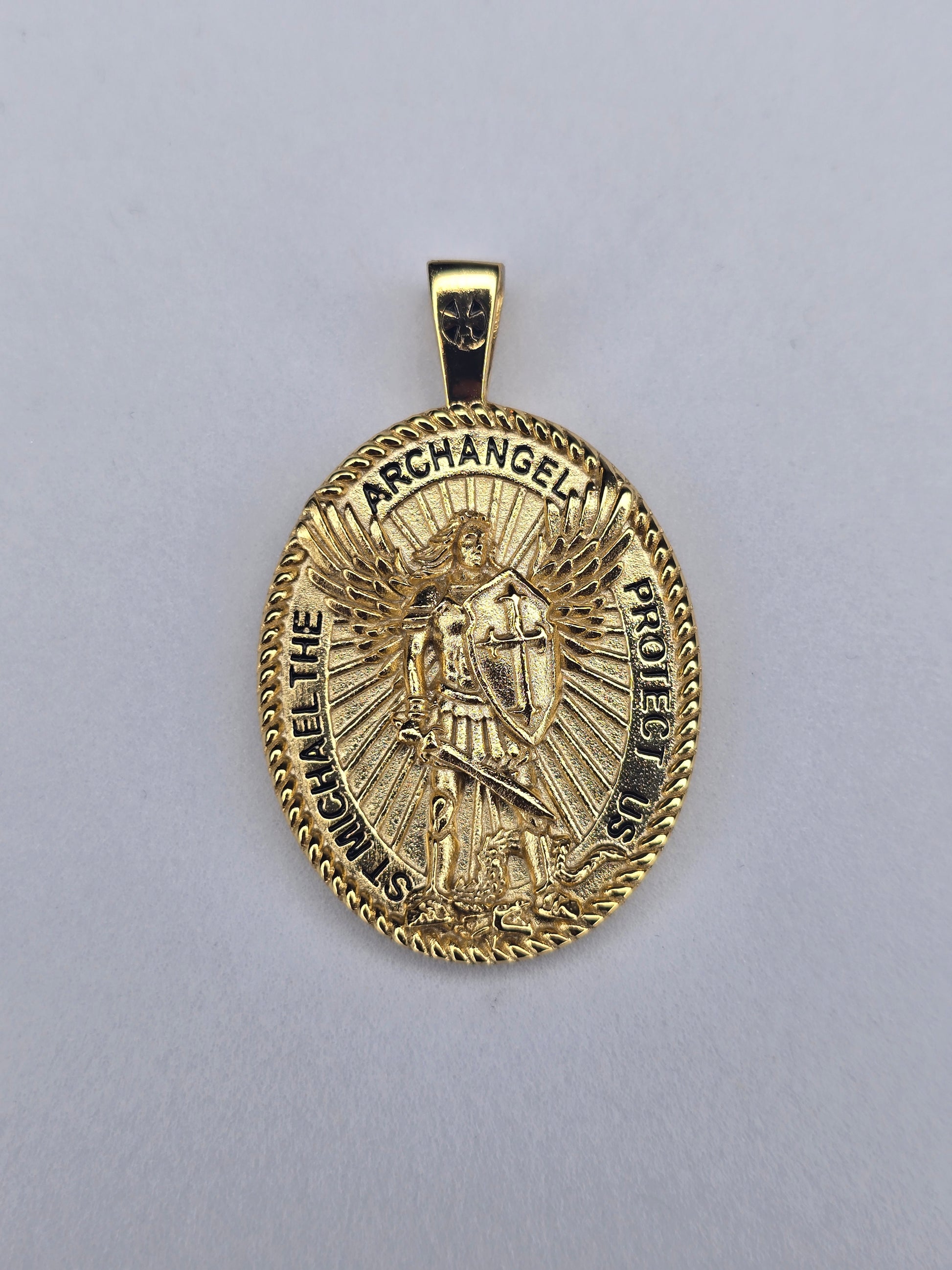Saint Michael Archangel pendant in 925 sterling silver with 18K gold plating front view