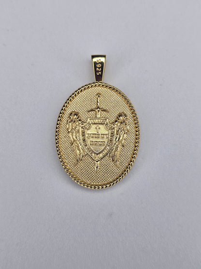 Back view of Saint Michael pendant with Quis Ut Deus inscription in gold plated silver