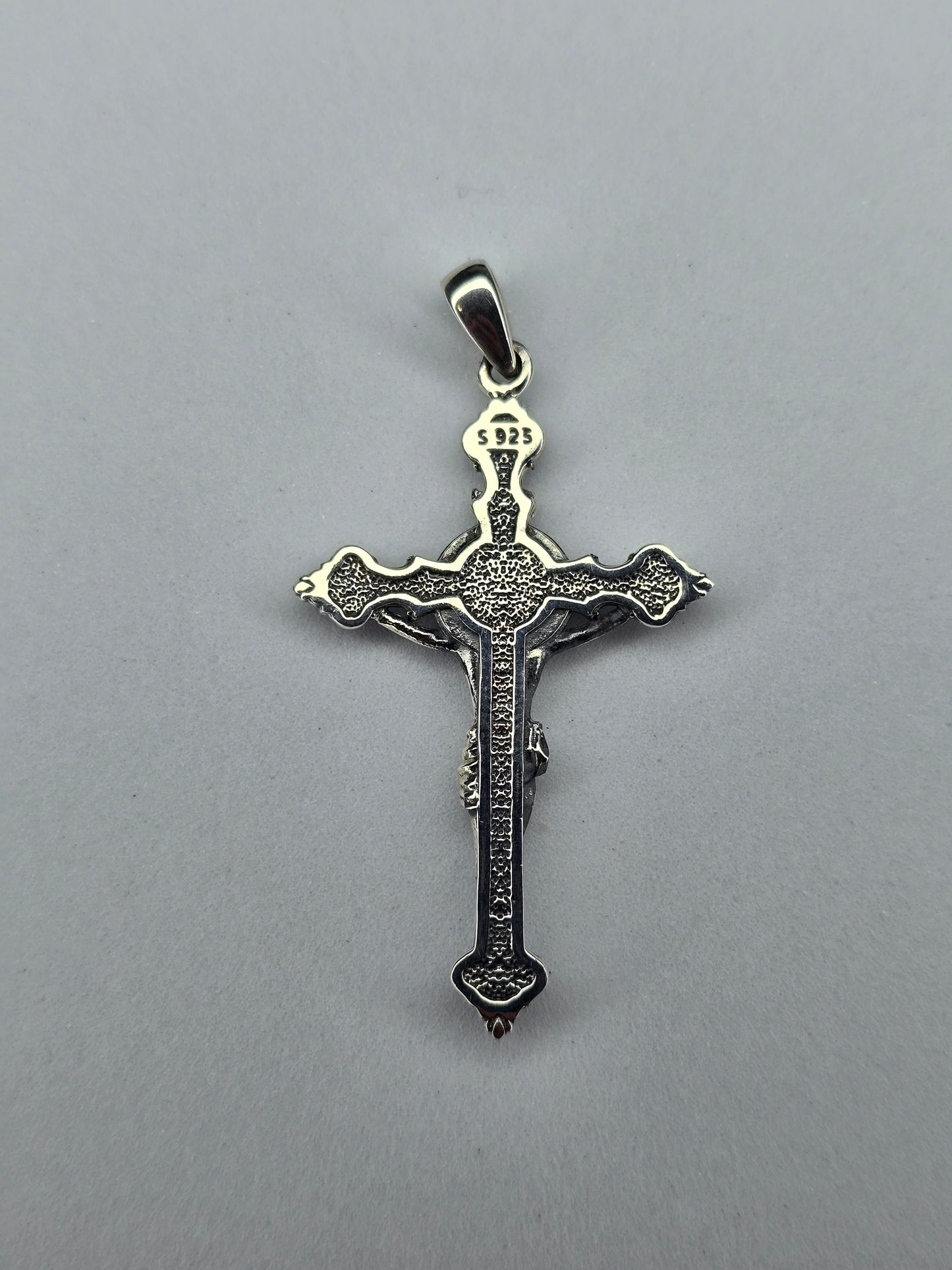 Rear view of Saint Benedict crucifix pendant with engraved medal