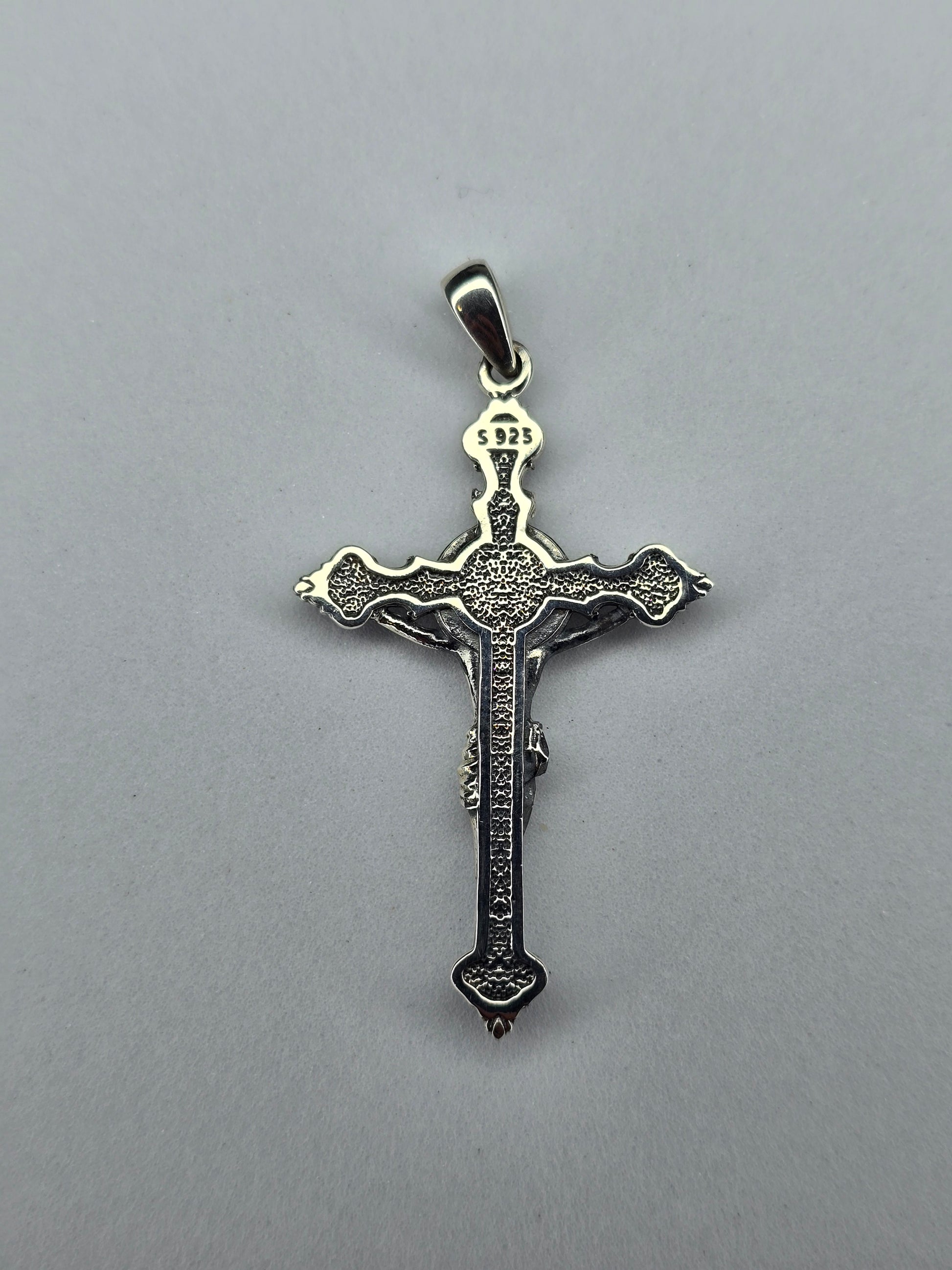 Rear view of Saint Benedict crucifix pendant with engraved medal