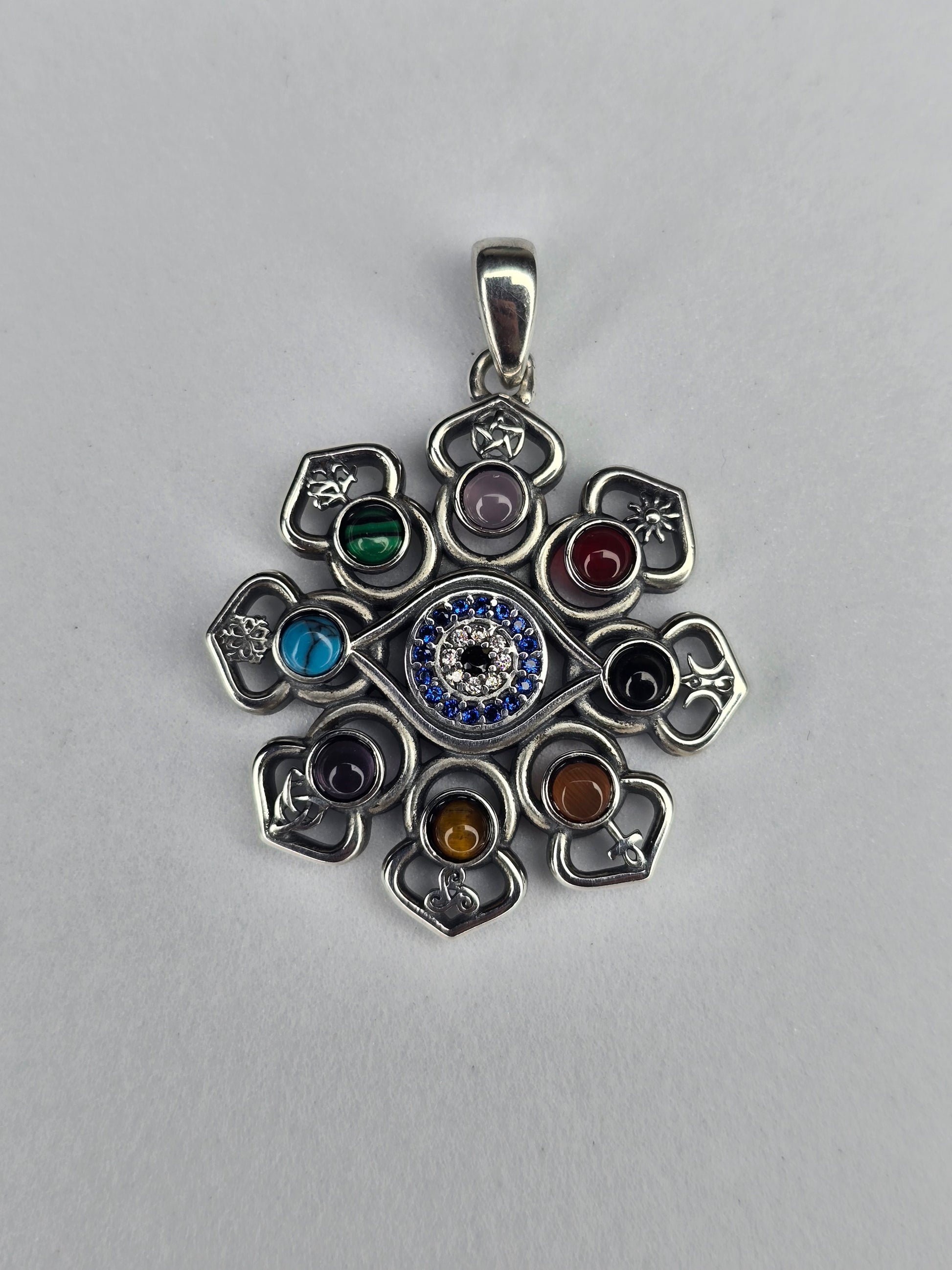 925 sterling silver pentagram lotus pendant with evil eye centre and multicolour gemstones
