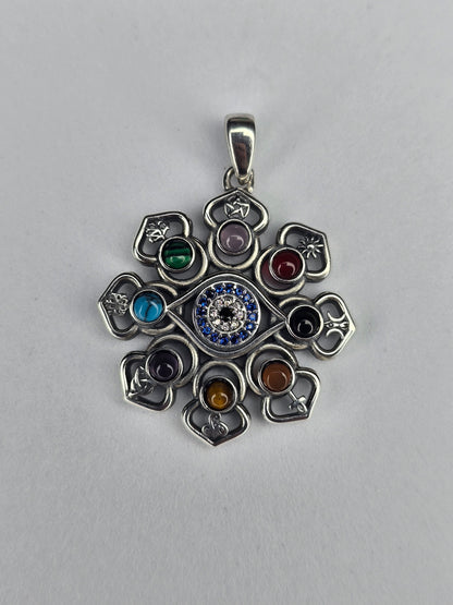 925 sterling silver pentagram lotus pendant with evil eye centre and multicolour gemstones