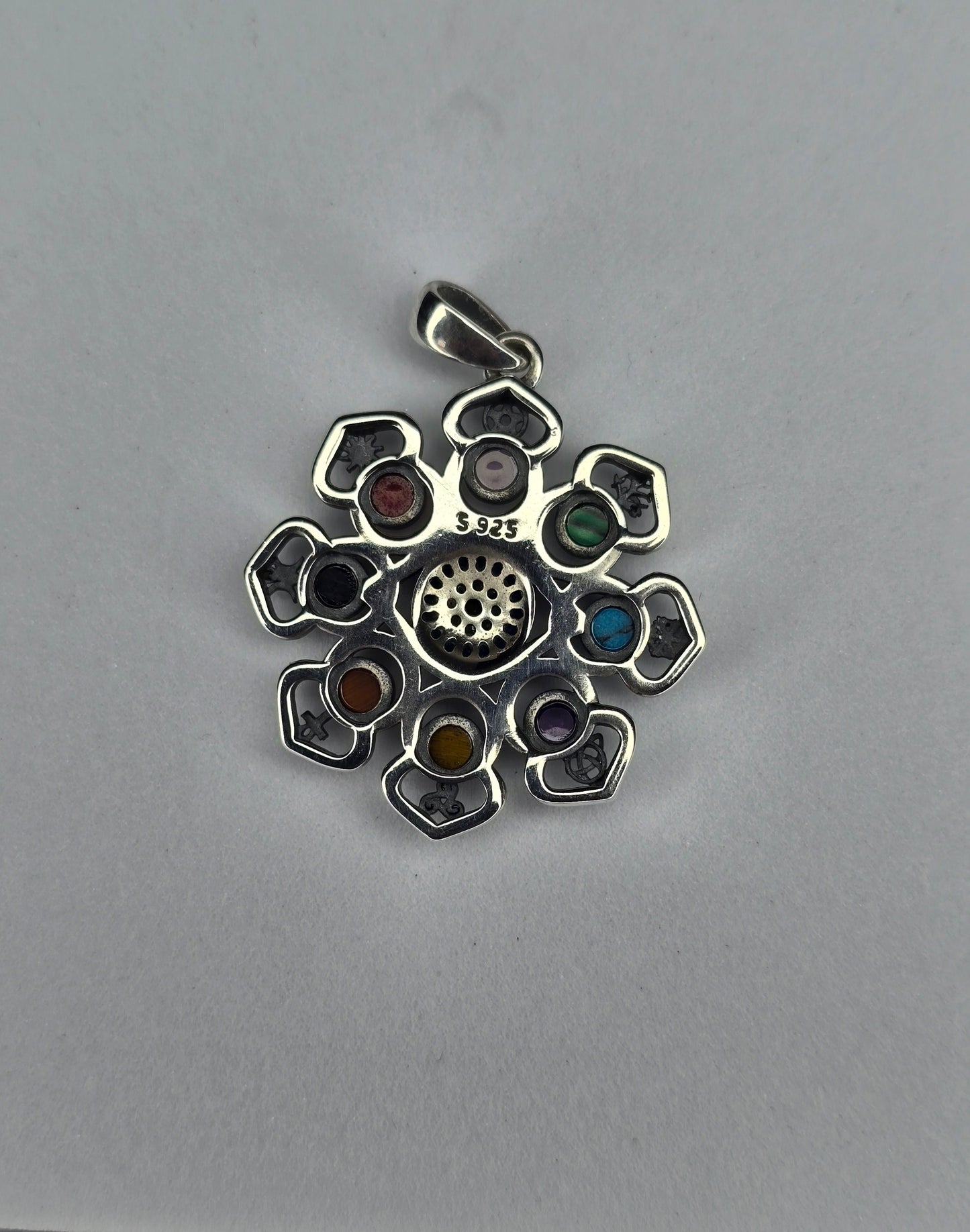 Pentagram Lotus Evil Eye Pendant in 925 Sterling Silver with 9 Gemstones