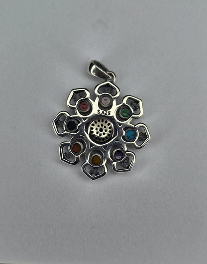Pentagram Lotus Evil Eye Pendant in 925 Sterling Silver with 9 Gemstones