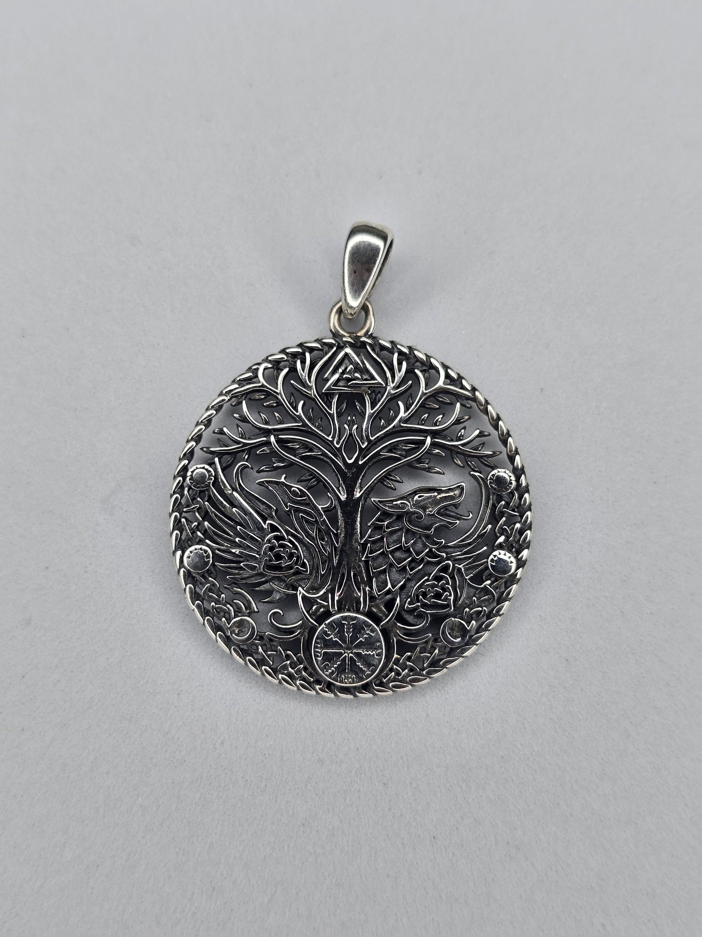 Filigraner Wikinger-Anhänger mit Raben- und Wolfsmotiv, Yggdrasil, für Liebhaber der nordischen Mythologie, 925er Silber 