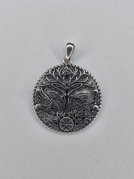 Viking Yggdrasil Pendant in 925 Sterling Silver with Raven and Wolf