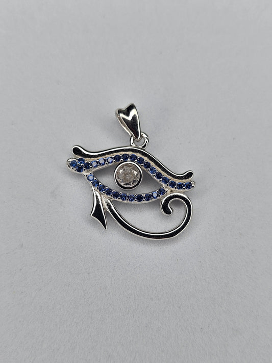 Anhänger „Auge des Horus“ aus 925er Sterlingsilber mit blauen Kristallen für Schutzkraft und altägyptische Symbolik