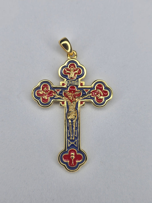 Jesus Crucifix Cross Pendant in 925 Sterling Silver with 18K Gold Plating and Enamel