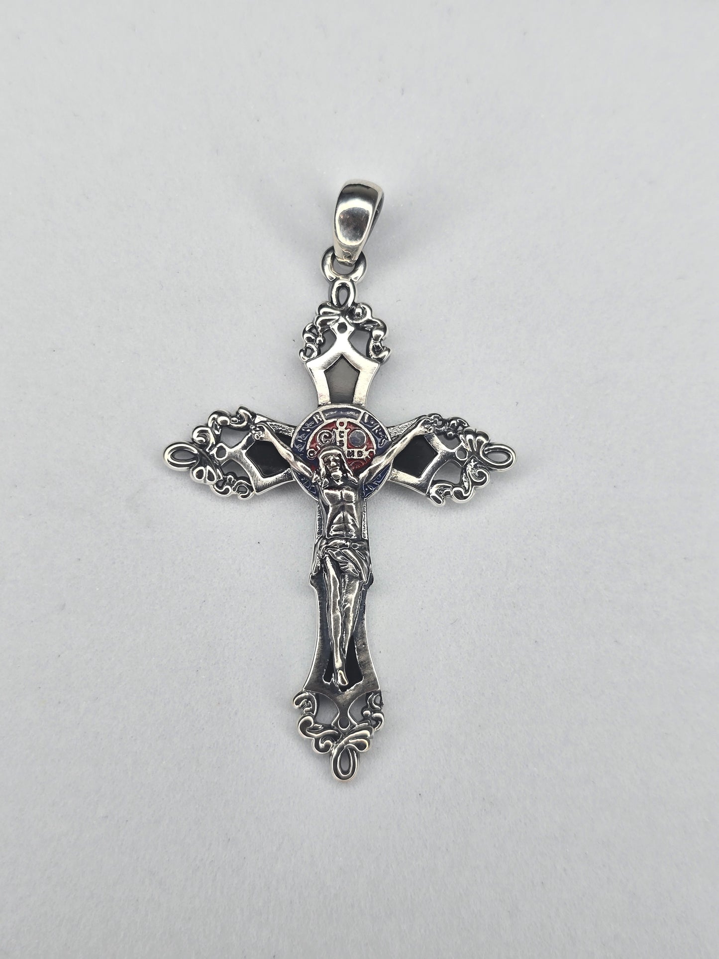 Jesus Crucifix Cross Pendant in 925 Sterling Silver with Black Enamel