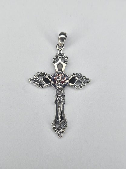 Jesus Crucifix Cross Pendant in 925 Sterling Silver with Black Enamel