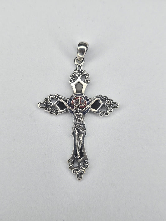 Jesus Crucifix Cross Pendant in 925 Sterling Silver with Black Enamel