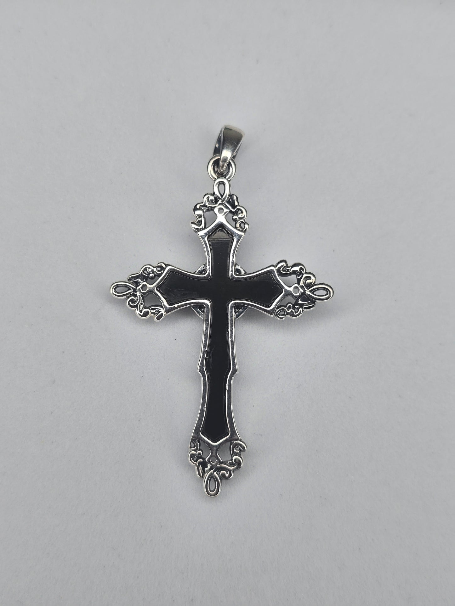 Jesus Crucifix Cross Pendant in 925 Sterling Silver with Black Enamel