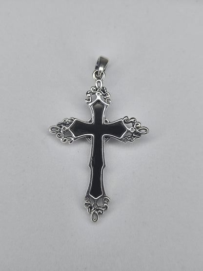 Jesus Crucifix Cross Pendant in 925 Sterling Silver with Black Enamel