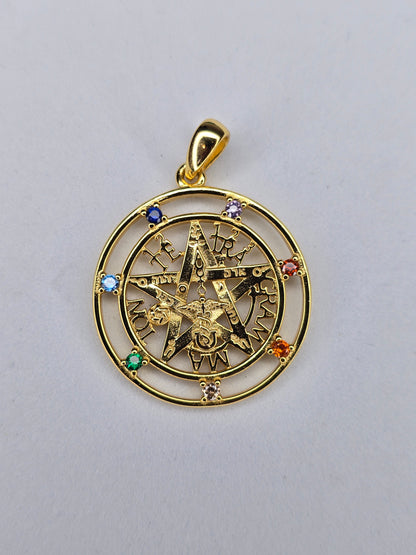 Tetragrammaton Pentagram Pendant 925 Sterling Silver 18K Gold Plated Seven Chakra Gemstones