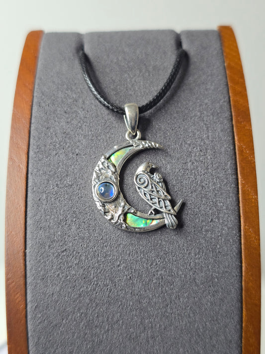 Celtic Raven and Crescent Moon Amulet in 925 Sterling Silver with Abalone and Moonstone