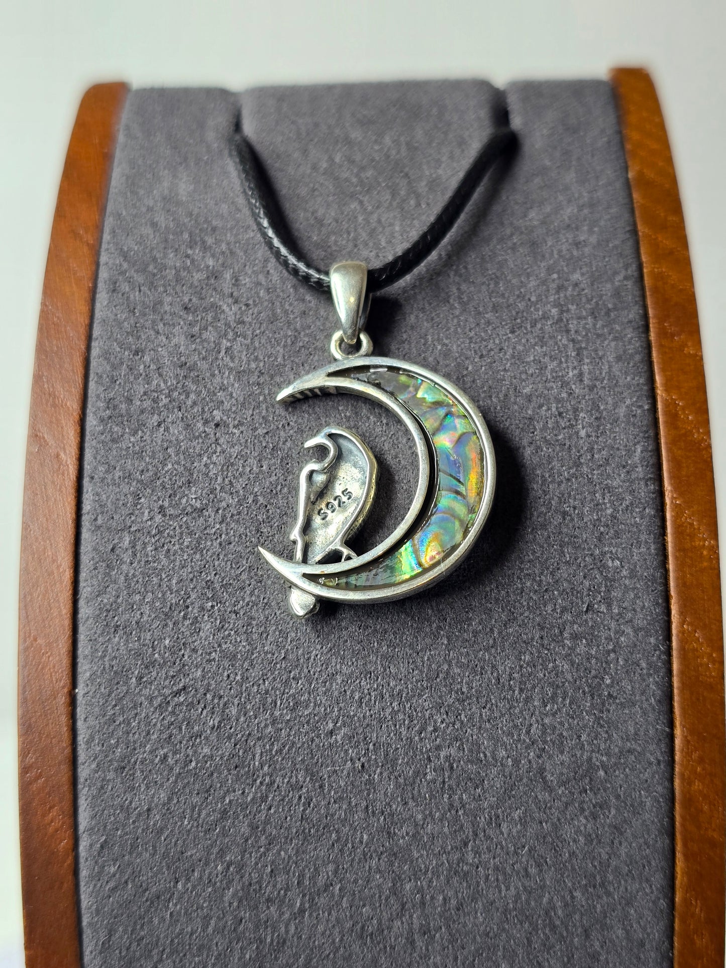 Celtic Raven and Crescent Moon Amulet in 925 Sterling Silver with Abalone and Moonstone