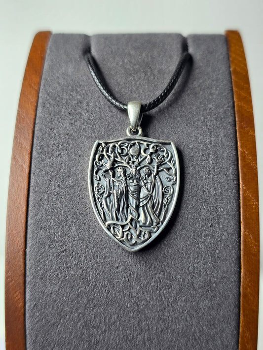 Triple Moon Goddess Shield Amulet in 925 Sterling Silver