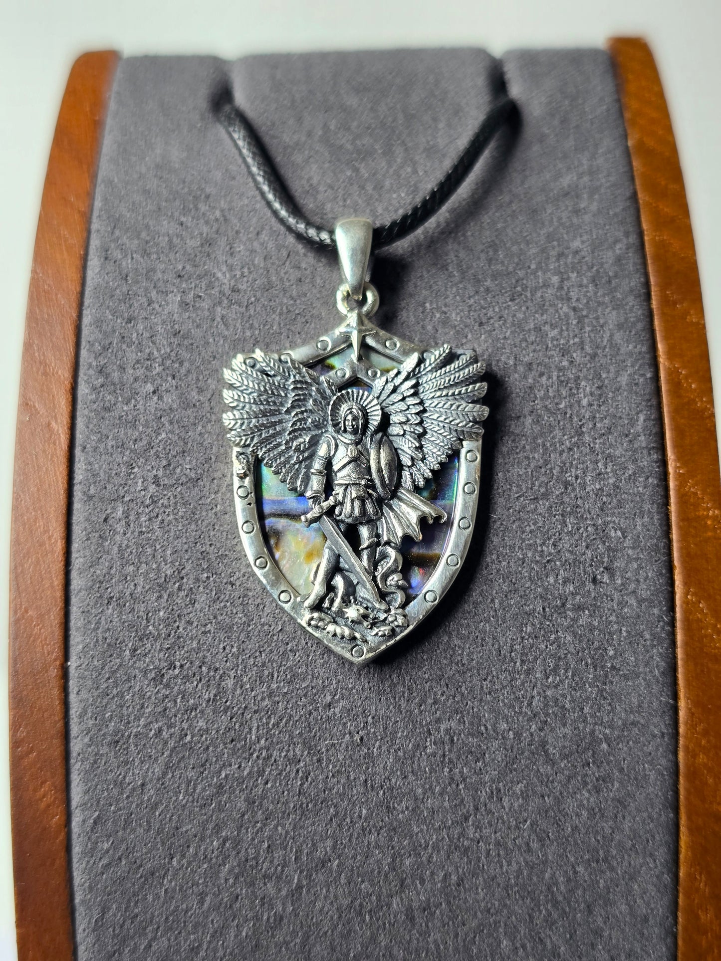 Erzengel Michael Anhänger Abalone Shell Hintergrund 925 Sterling Silber Engel 