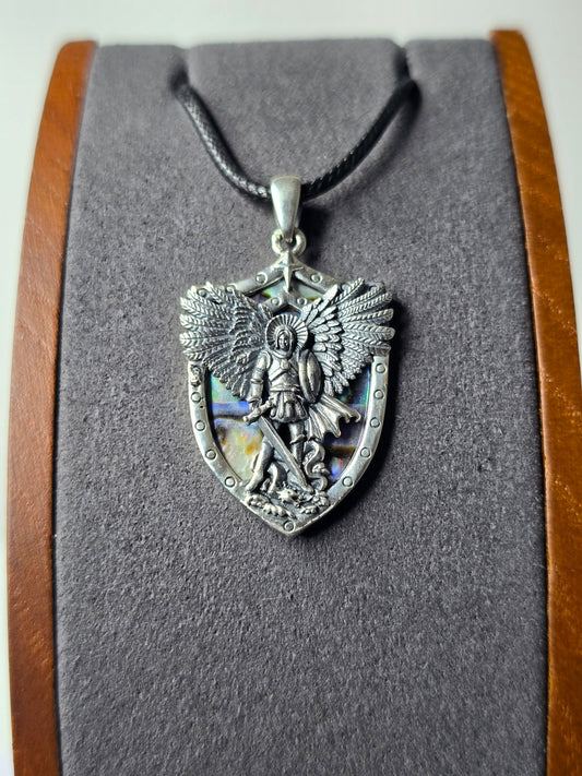 Erzengel Michael Anhänger Abalone Shell Hintergrund 925 Sterling Silber Engel 