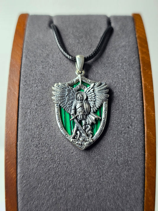 Erzengel Michael Anhänger mit Malachit Schild 925 Sterling Silber Engel 
