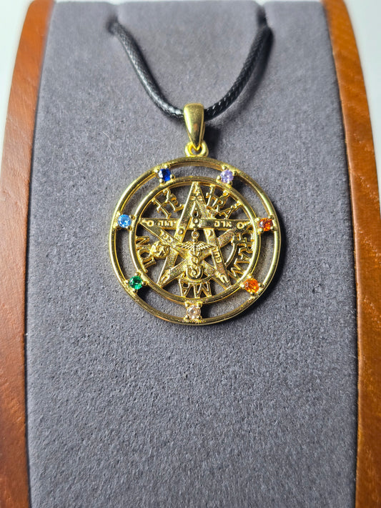 Tetragrammaton Pentagram Pendant 925 Sterling Silver 18K Gold Plated Seven Chakra Gemstones