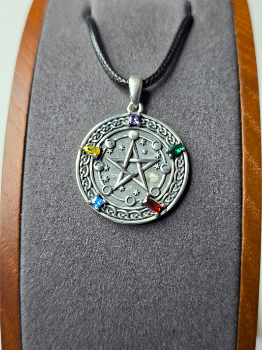 Pentagram Cosmic Cycle Amulet in 925 Sterling Silver with Chakra Gemstones