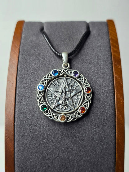 Rotatable Pentagram Pendant in 925 Sterling Silver with Chakra Stones