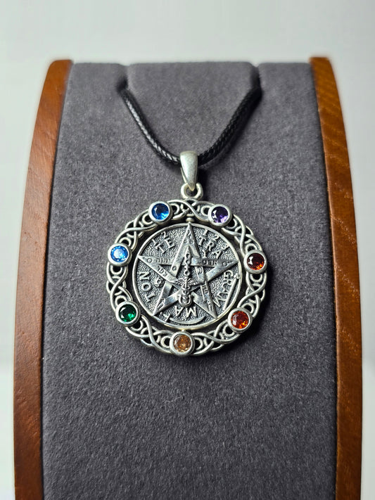 Rotatable Pentagram Pendant in 925 Sterling Silver with Chakra Stones