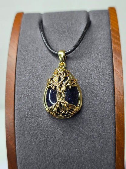 Tree of Life Pendant 925 Sterling Silver Gold Plated Blue Goldstone Teardrop