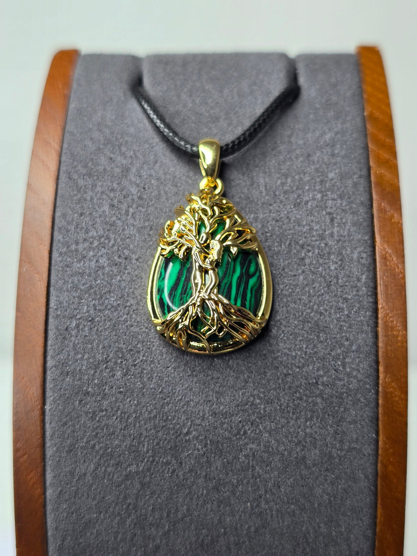 Tree of Life Pendant 925 Sterling Silver 18K Gold Plated Malachite Teardrop