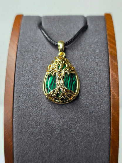 Tree of Life Pendant 925 Sterling Silver 18K Gold Plated Malachite Teardrop
