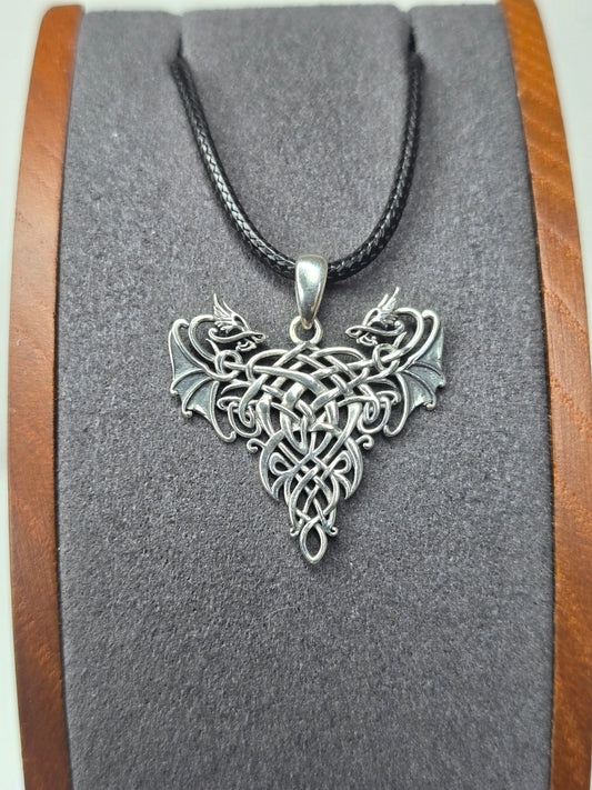 Twin Dragons Heart Pendant in 925 Sterling Silver