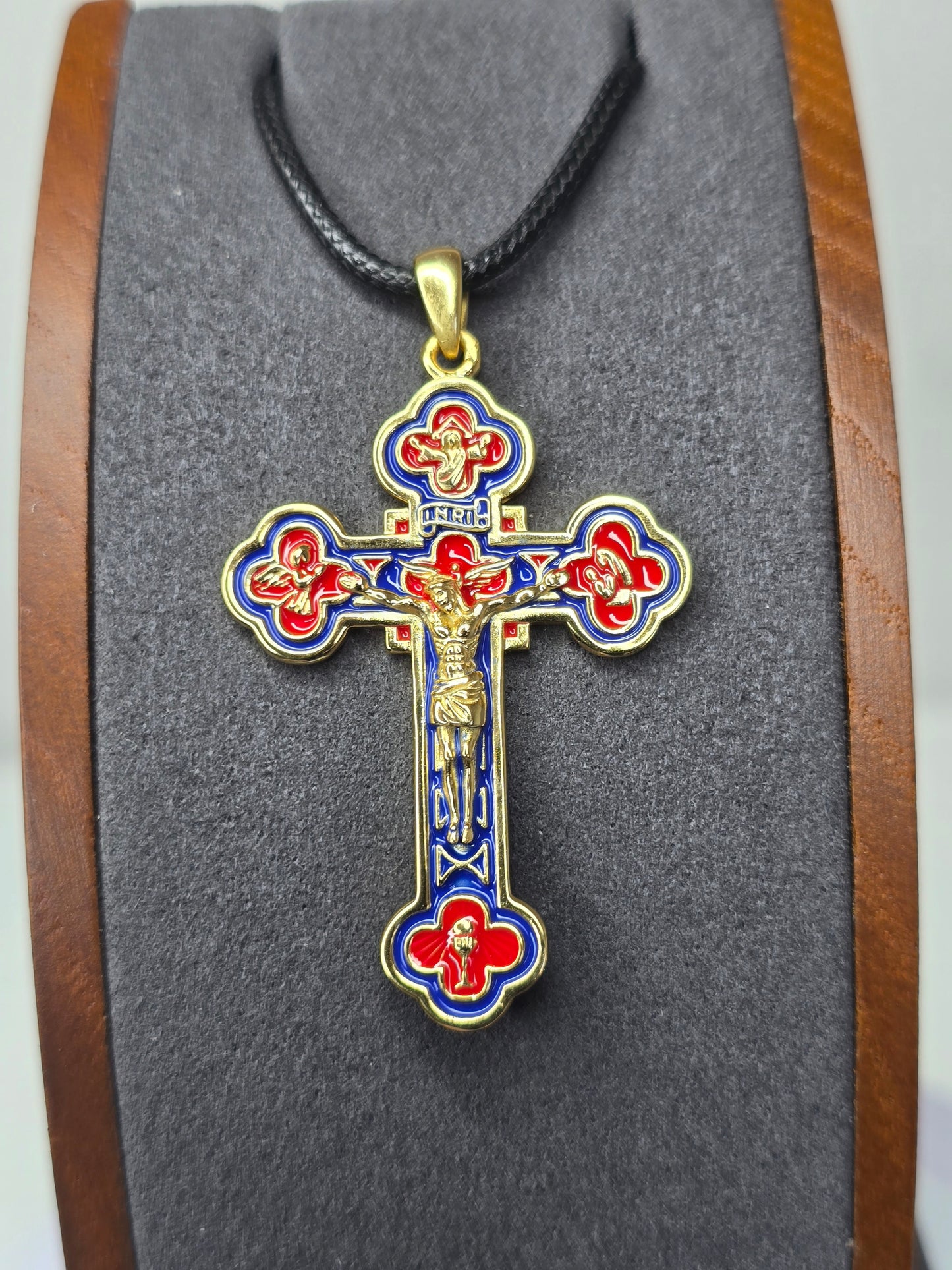 Jesus Crucifix Cross Pendant in 925 Sterling Silver with 18K Gold Plating and Enamel